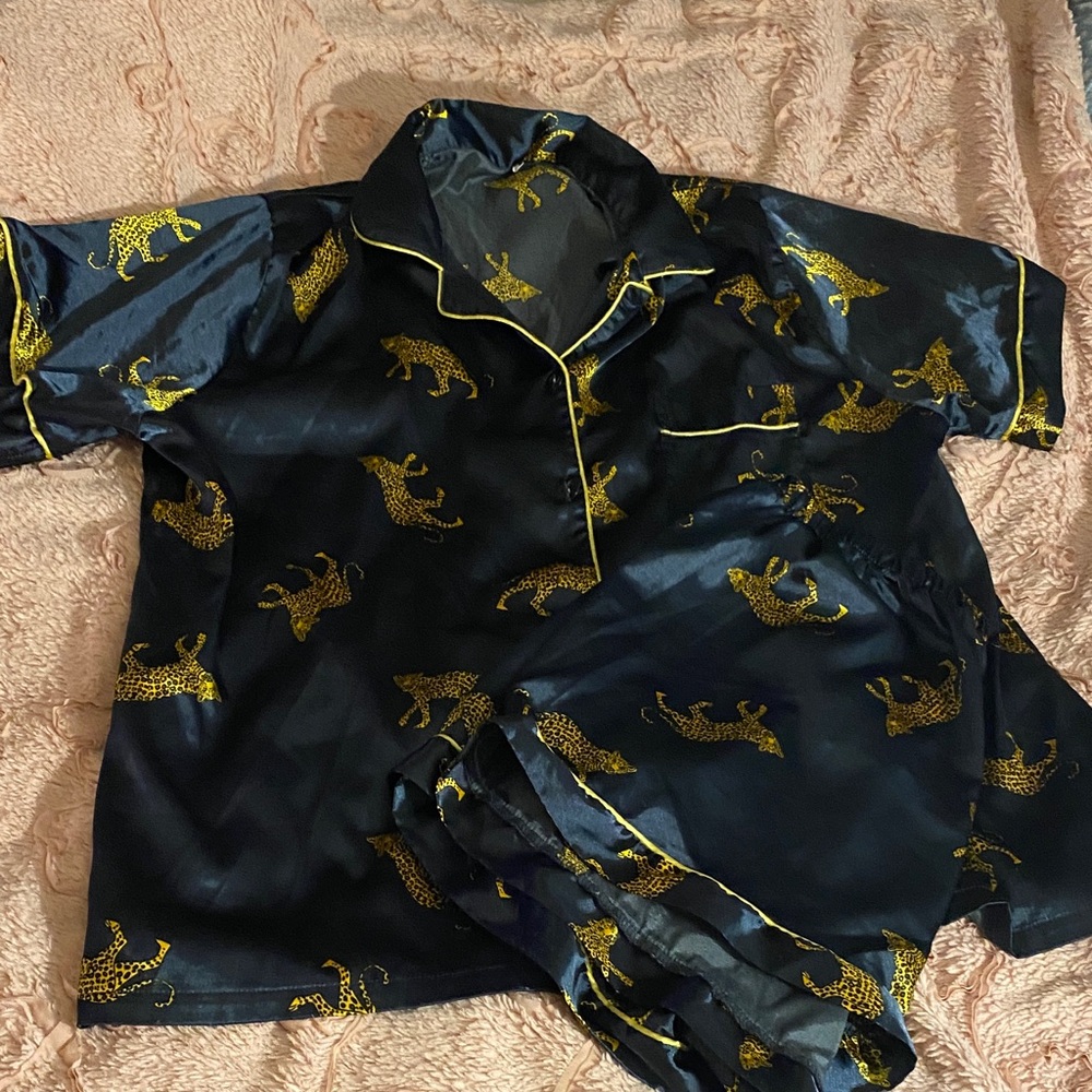 Black Satin Pajama Set with Gold Leopard Print
